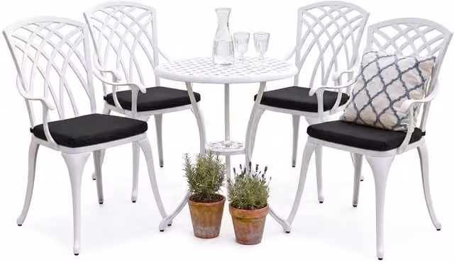 Centurion Supports OSHOWA 5-Piece Cast Aluminium Bistro Set with Round Table and 4 High-Back Armchairs in White with Black Cushions – 1
