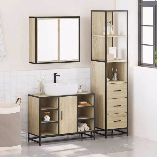 Berkfield Home 3 Piece Industrial Bathroom Furniture Set in Brown, including Mirror Cabinet, Vanity Unit and Tall Cabinet – 1