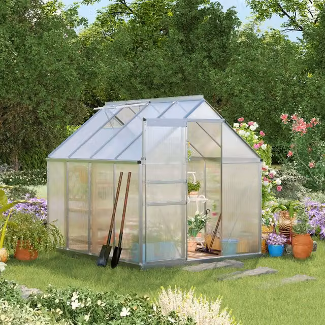 Outsunny Silver Polycarbonate Greenhouse with Sliding Windows and Gable Roof