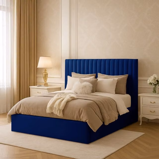 Desire Deco Blue Velvet Upholstered Modern Striped Bed Frame, W/D/H: 120 x 200 cm
