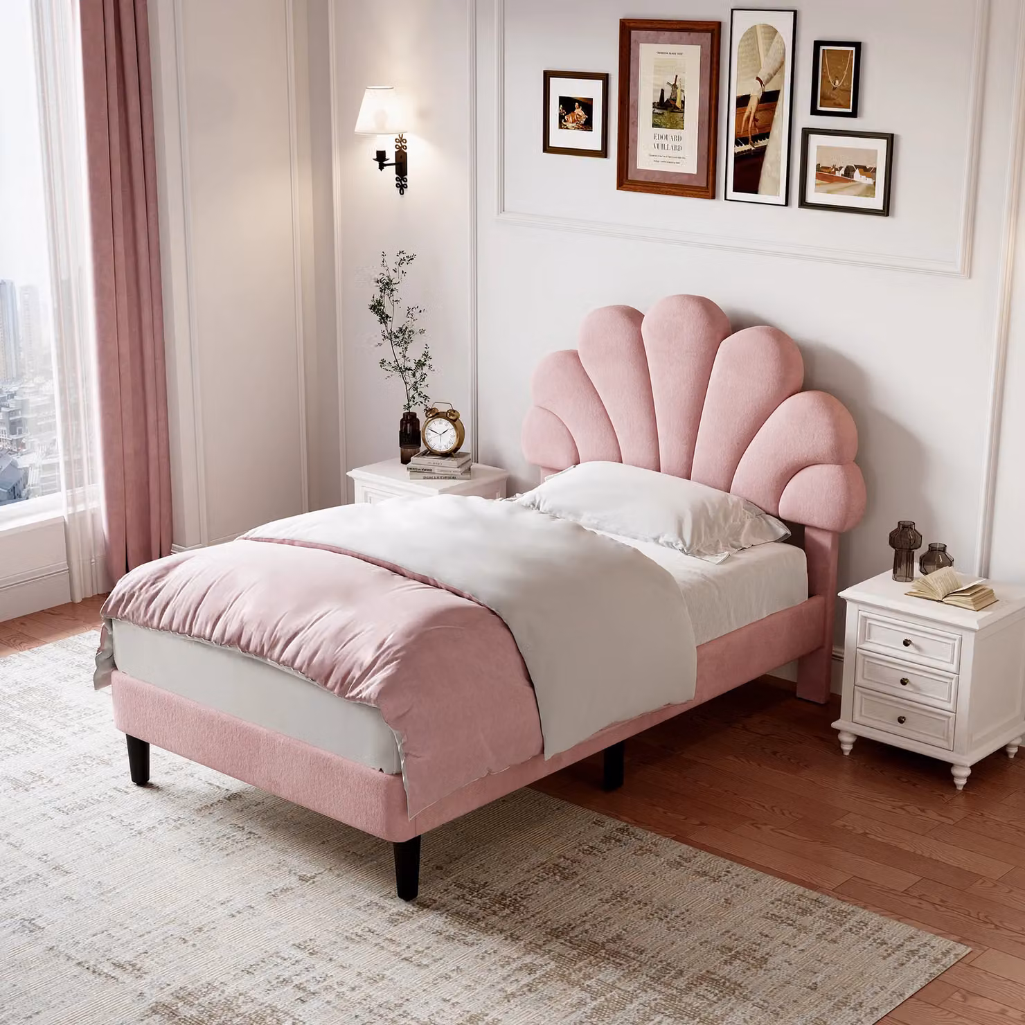 Matteo Single 3ft Pink Velvet Bed Frame with Adjustable Petal Headboard and Solid Wood Slats, W/D/H: 90 x 190 cm – 2