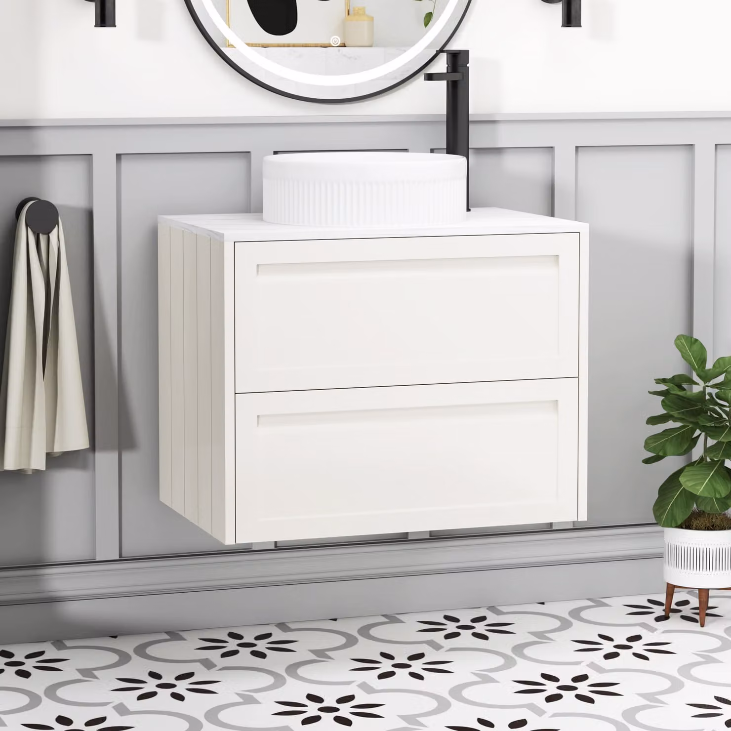Royal Bathrooms Elmore Classic White Wall Hung Countertop Vanity Unit with 2 Drawers and Round Basin