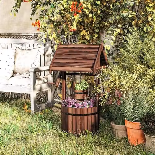Outsunny Brown Wooden Wishing Well Planter with Adjustable Hanging Bucket – 2