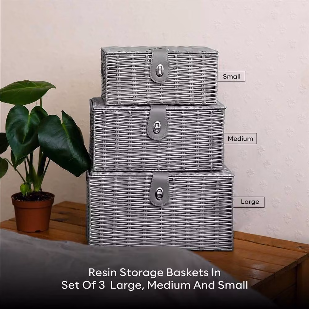 Kelvenix Set of 3 Grey Wicker Resin and Metal Storage Baskets – 3