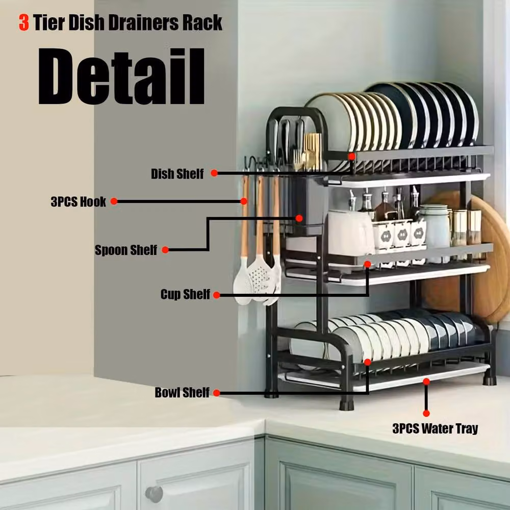 simplehuman Stainless Steel 3 Tier Dish Drainer Rack with Drip Tray and Cutlery Holder in Black or White – 6