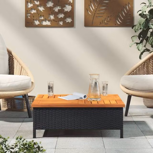 Berkfield Home Black Rattan and Acacia Wood Square Garden Table W/D/H: 70 x 70 x 25 cm