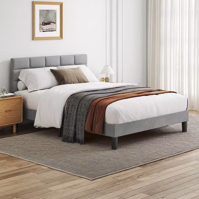 Dprodo Velvet Upholstered Button Tufted King Size Bed Frame in Light Grey, W: 180 cm, D: 200 cm