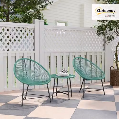 Outsunny 3 Piece Rattan Bistro Set with Acapulco Chairs and Glass Table, Green – 2