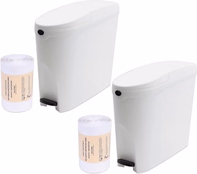 ProKleen White Plastic Pedal Sanitary Bin with Liners, 2 Pack