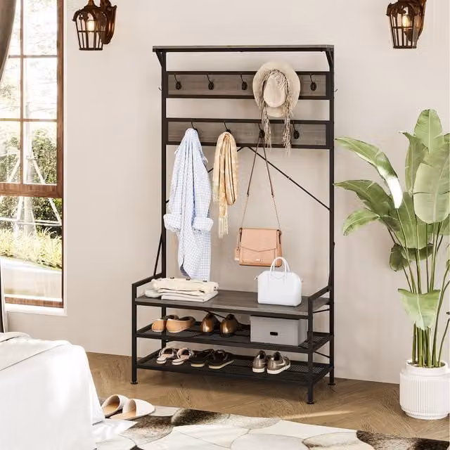 Costway 4-in-1 Industrial Hall Tree Coat Rack with Bench and Metal Hooks in Grey