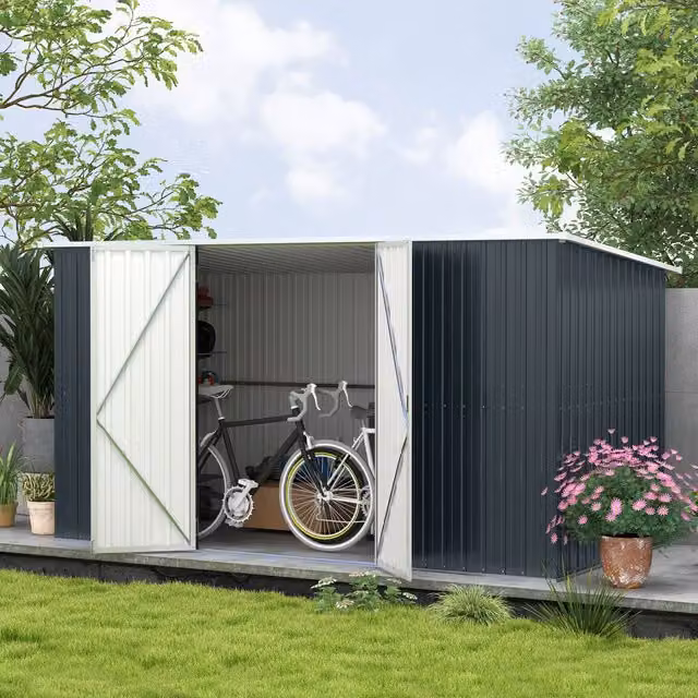 OUTSUNNY Grey Galvanised Metal Pent Garden Shed with Lockable Doors