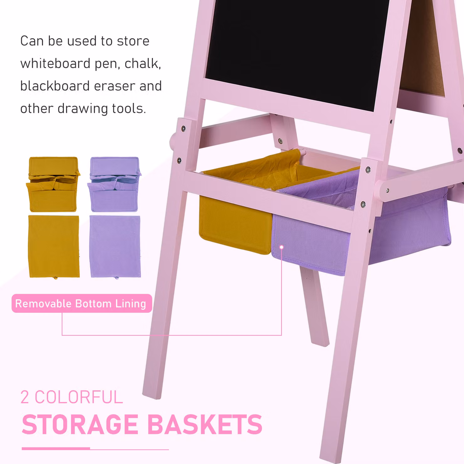 HOMCOM 3-in-1 Kids Wooden Art Easel with Paper Roll, Double-Sided Chalkboard and Whiteboard with Storage Baskets, Pink – 3