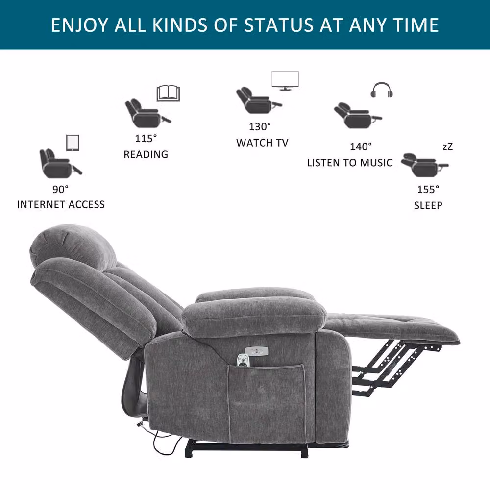 Matteo Electric Power Lift Recliner Chair with Massage, Heat and USB in Grey Fabric – 4