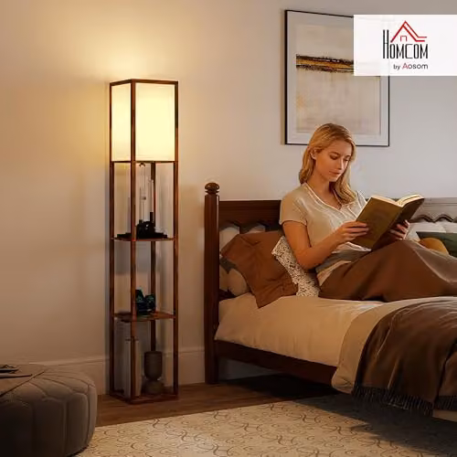 HOMCOM 4-Layer Rustic Brown Column Standing Floor Lamp with USB Ports and E27 Socket – 2