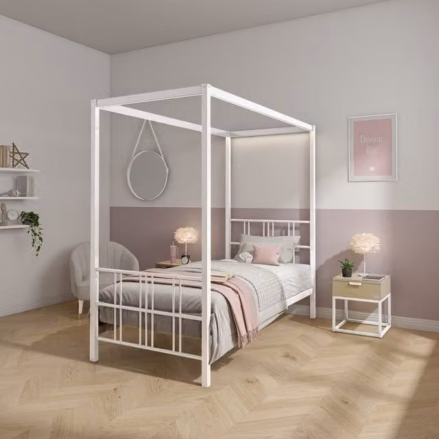 XR Living Fern White Metal Four Poster Bed with Under-Bed LED Lighting, Single