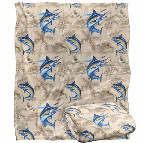 JQ Licensing Marlin Tiki Fishing Pattern Super Soft Fleece Throw Blanket, White, W/D/H: 152 x 127 cm