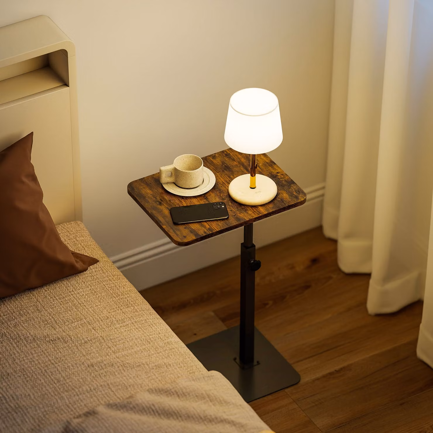 HOMCOM C Shaped Side Table with Adjustable Height and Metal Base in Rustic Brown and Black – 5
