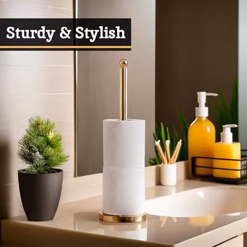 Orsina Freestanding Toilet Roll Holder with Spare Roll Holder in Gold and White – 3