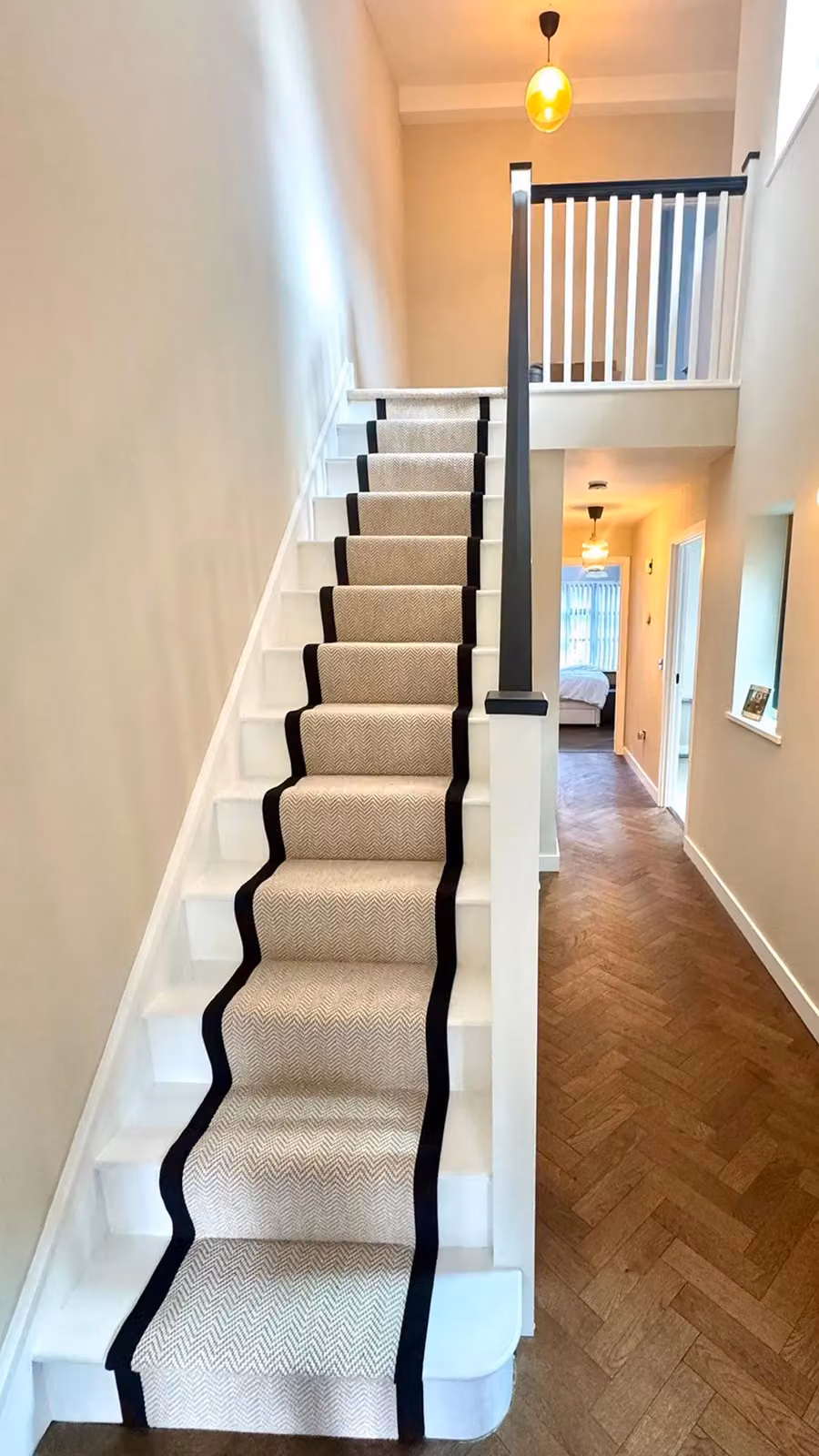 RainbowHome Herringbone Wool Stair Runner in Chalk Beige with Black Cotton Border, W: 65 cm x L: 700 cm – 3