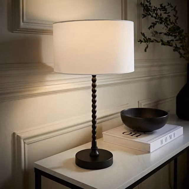 ValueLights Maeve Black Bobble Table Lamp with White Fabric Drum Shade