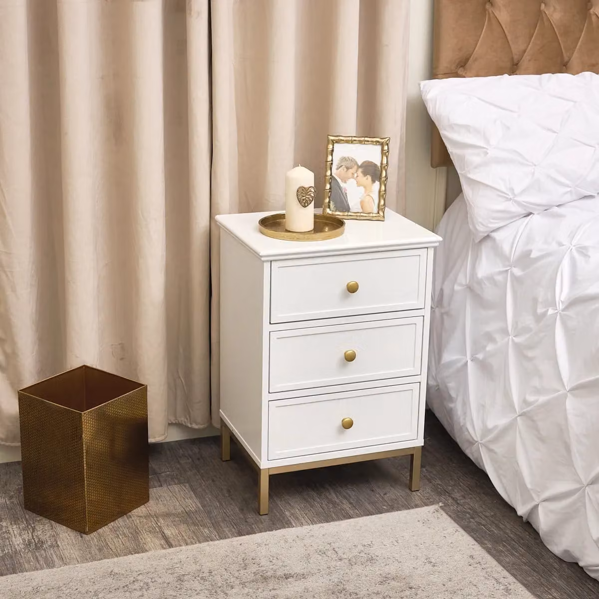 Melody Maison Aisby White Range Pair of Three Drawer Bedside Tables in White and Gold – 2