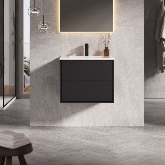Banyetti Venti 600mm Wall Hung Vanity Unit with Lira Basin, Matt Black (W: 60 cm, D: 45 cm, H: 48 cm)