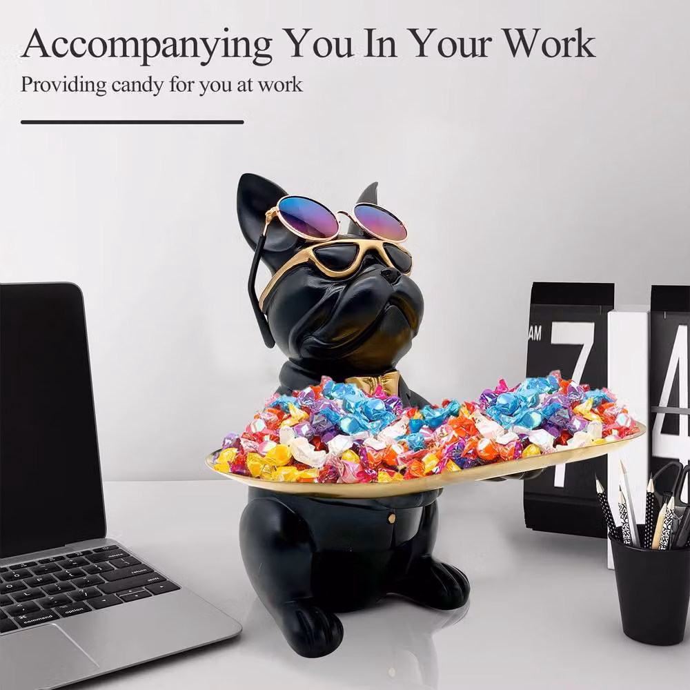 Huhote Black Resin Bulldog Statue with Tray and Candy Dish for Tabletop Decor – 6
