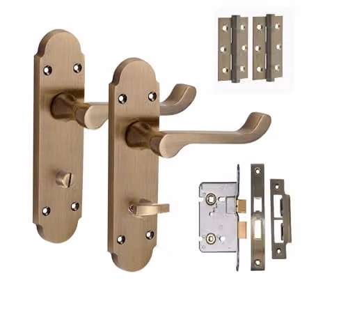 Golden Grace Victorian Epsom Scroll Bathroom Door Handle Set in Bronze and Gold Brass
