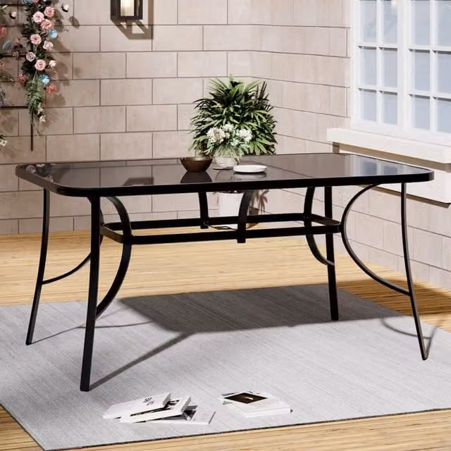 Livingandhome Black Rectangular Tempered Glass Garden Table with Parasol Hole, W: 150 cm