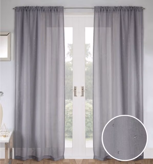 Tyrone Textiles Pair of Grey Sheer Voile Slot Top Panels with Diamante Detail, Width: 122 cm