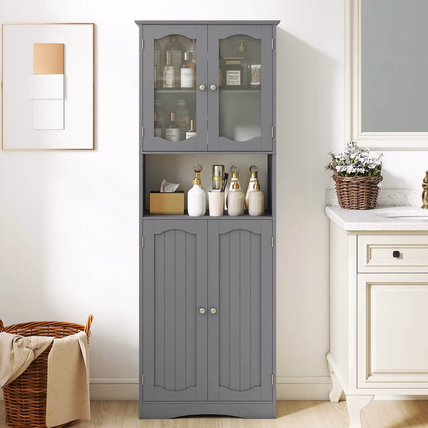 Gymax Tall Grey Bathroom and Kitchen Storage Cabinet with Matt Finish and Tempered Glass Doors – 3