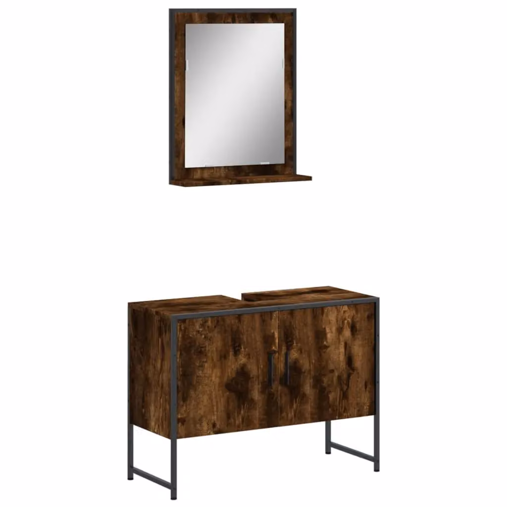 Berkfield Home 2 Piece Brown Smoked Oak Industrial Wall Mounted Bathroom Mirror Cabinet Set – 2