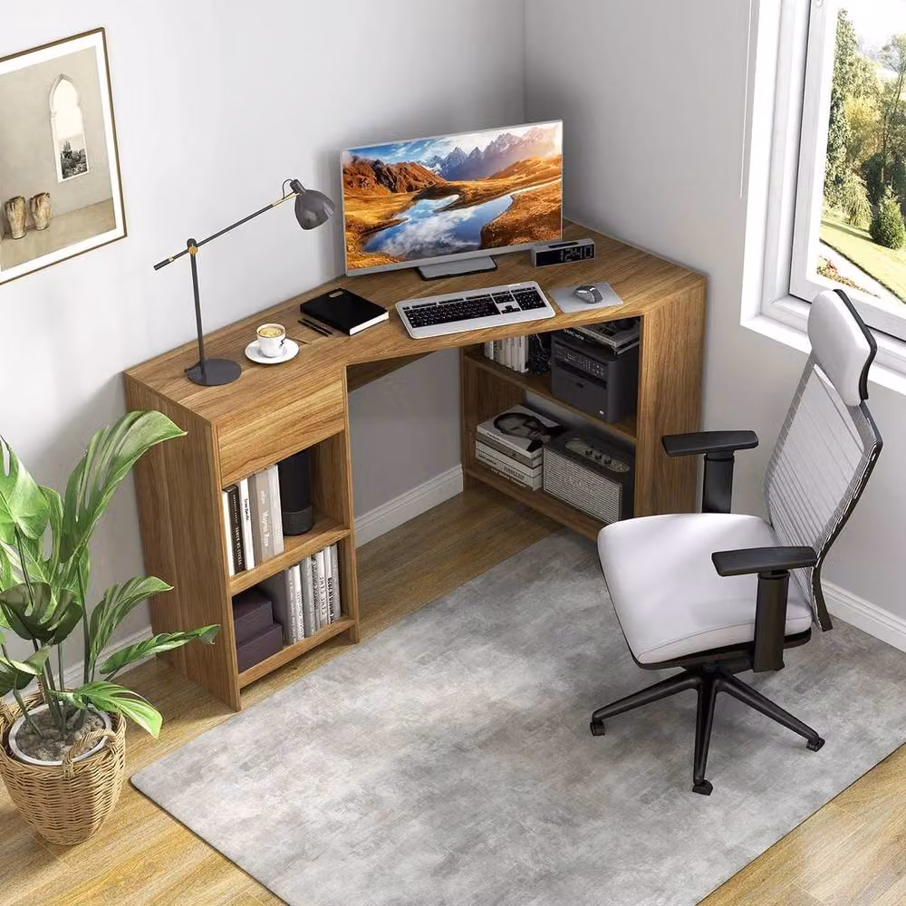 Havendro Compact Corner Executive Desk in Brown with Pull-out Drawer and Open Shelving, W/D/H: 145 x 120 x 75 cm – 3
