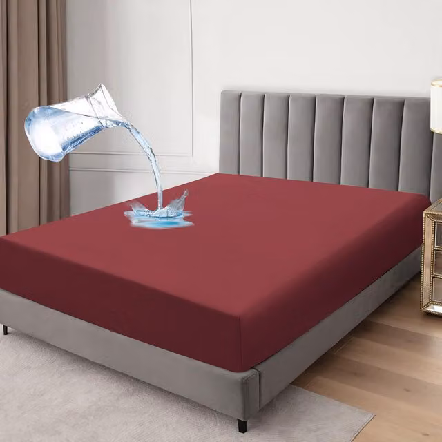 Cotton Passion Waterproof Burgundy Cotton Fitted Sheet, W/D/H: 90 x 200 cm