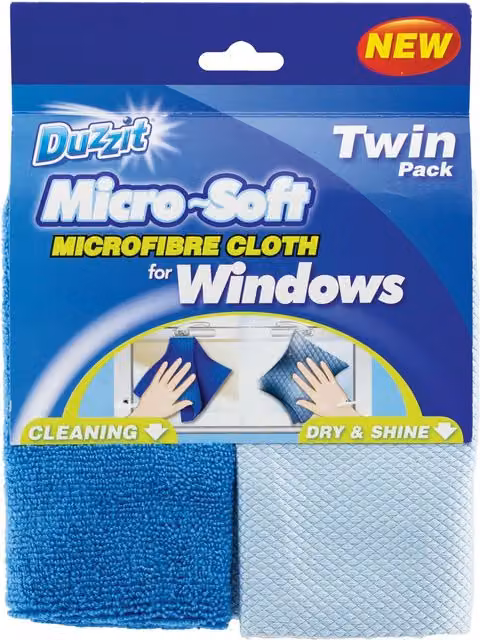 Duzzit Microfibre Window Glass Cleaning Twin Pack with Dry and Shine Cloths, Blue, W/D/H: 30 x 30 x 30 cm