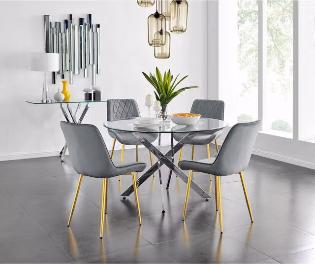 FurnitureboxUK Novara Round Glass Dining Table and Four Pesaro Gold Leg Chairs in Grey