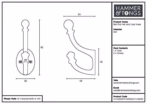 Hammer and Tongs Ball End Hat and Coat Hook in Matt Black, Pack of 5, H: 95 mm, W: 30 mm – 4