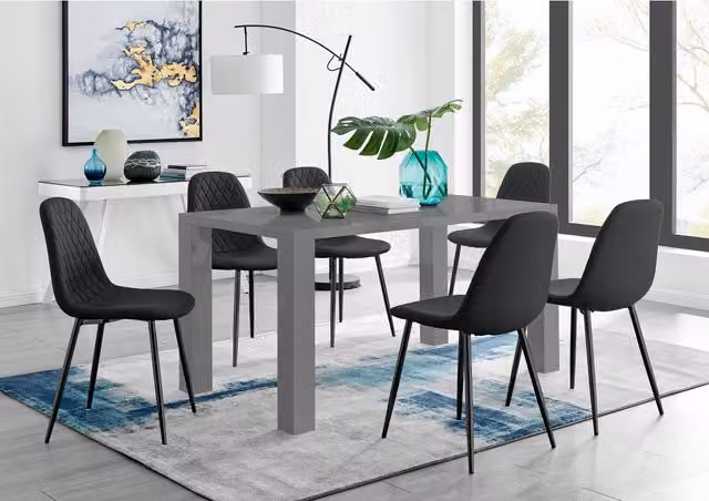 FurnitureboxUK Pivero Grey Rectangular Dining Table with 6 Black Corona Chairs
