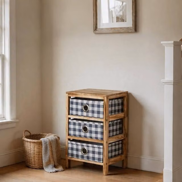 FORGEVIO Wooden Chest with 3 Storage Drawers in Blue Plaid Fabric, W/D/H: 100 x 100 x 100 cm