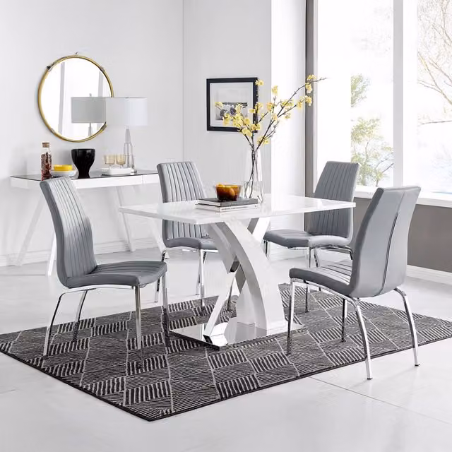 FurnitureboxUK Atlanta White Gloss and Chrome Rectangular Dining Table with 4 Grey Isco Dining Chairs