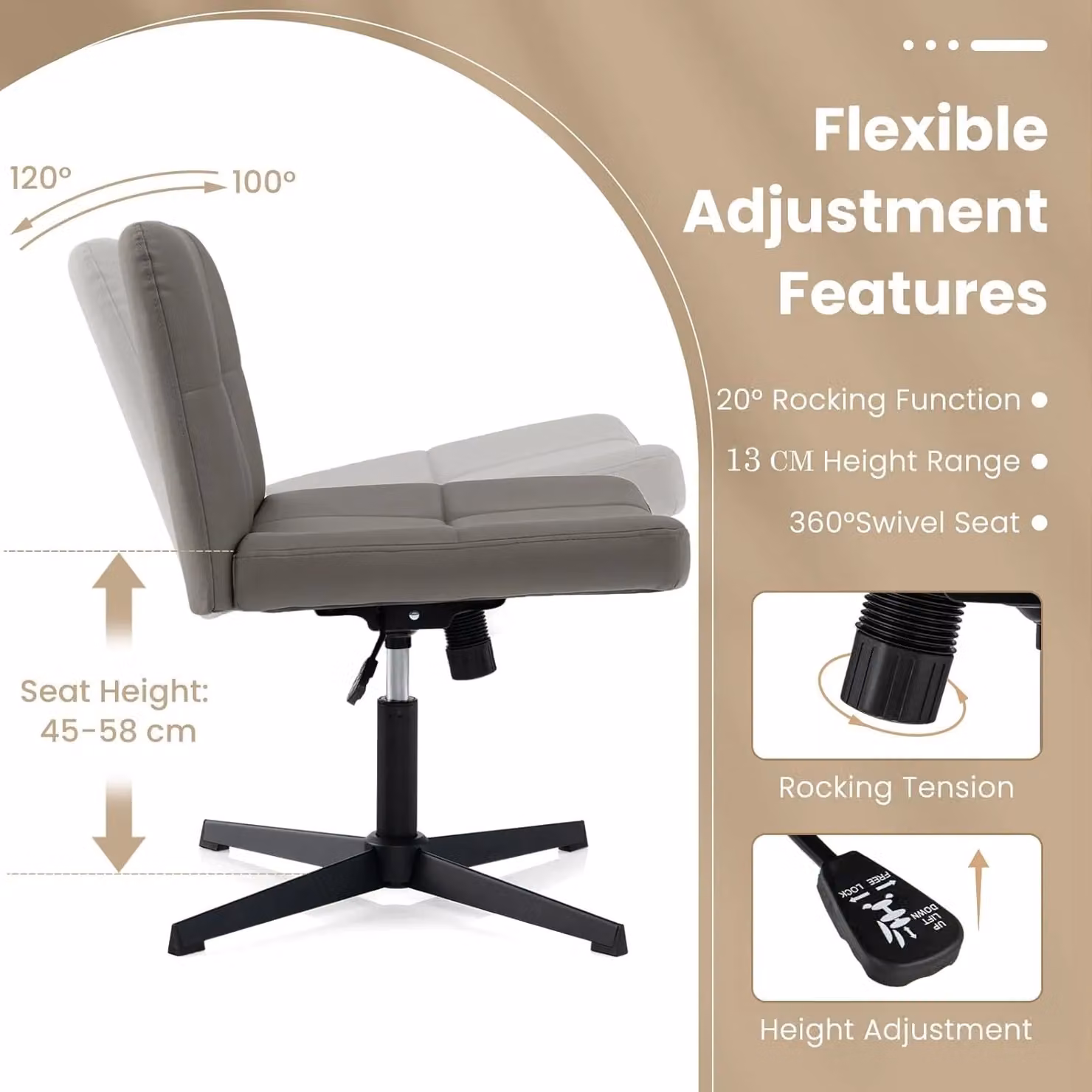 Gymax Grey Upholstered Swivel Office Chair with Adjustable Height and Synthetic Leather Finish – 5