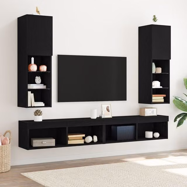 Berkfield Home LED TV Cabinet Set of 2, Black Oak, W/D/H: 30.5 x 30.5 x 102 cm