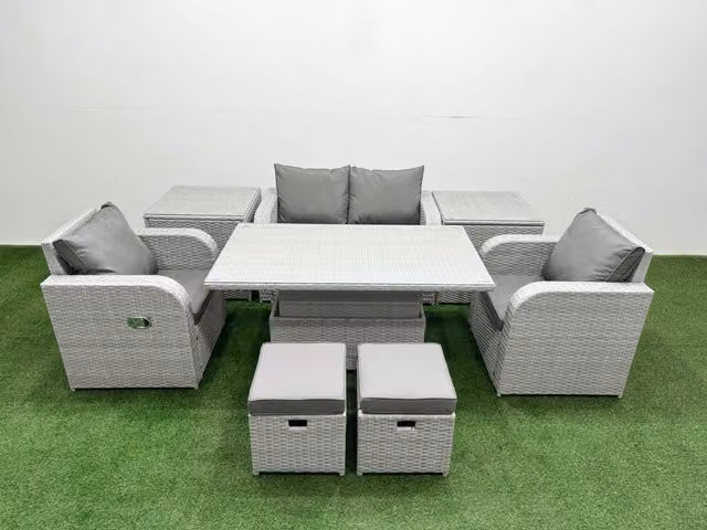 Fimous 6 Seater Light Grey PE Wicker Rattan Garden Furniture Set with Reclining Armchairs, Coffee Table and Matching Ottomans