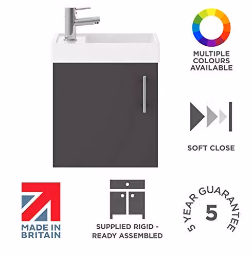 nuie MIN013 Vault Modern Bathroom Wall Hung Vanity Unit with Ceramic Basin and Soft Close Doors, Gloss Grey, W: 40.5 cm, D: 52 cm, H: 21.5 cm, Set of 2 Pieces – 3