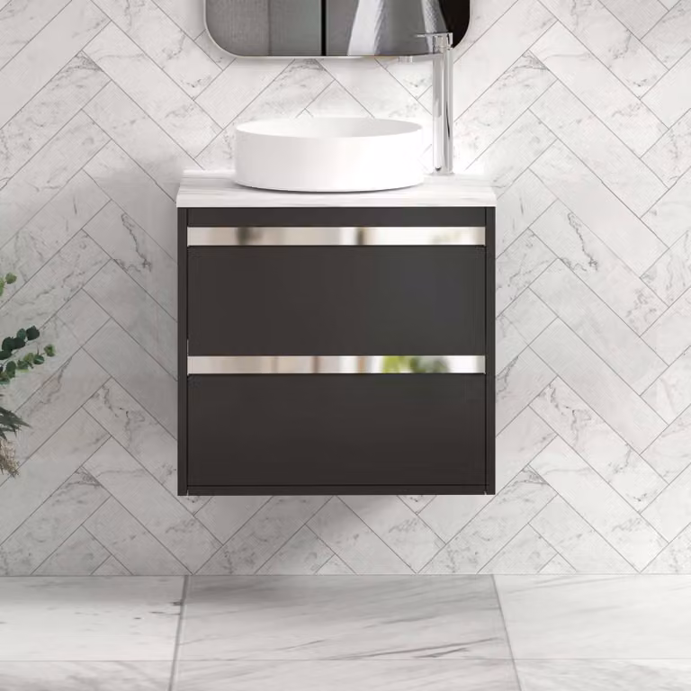 Royal Bathrooms Orion 600mm Matt Obsidian Black Wall Hung 2 Drawer Vanity Unit with Carrara White Undrilled Worktop and Chrome Accent Trim