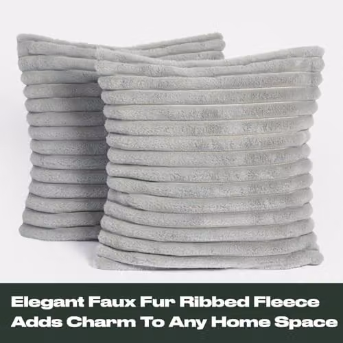 OHS Pack of 2 Grey Faux Fur Ribbed Square Cushion Covers, 45 x 45 cm – 3