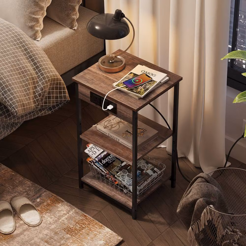 Rolipo 3-Tier Modern Side Table with Charging Station in Brown, W/D/H: 30 x 30 x 58 cm – 3