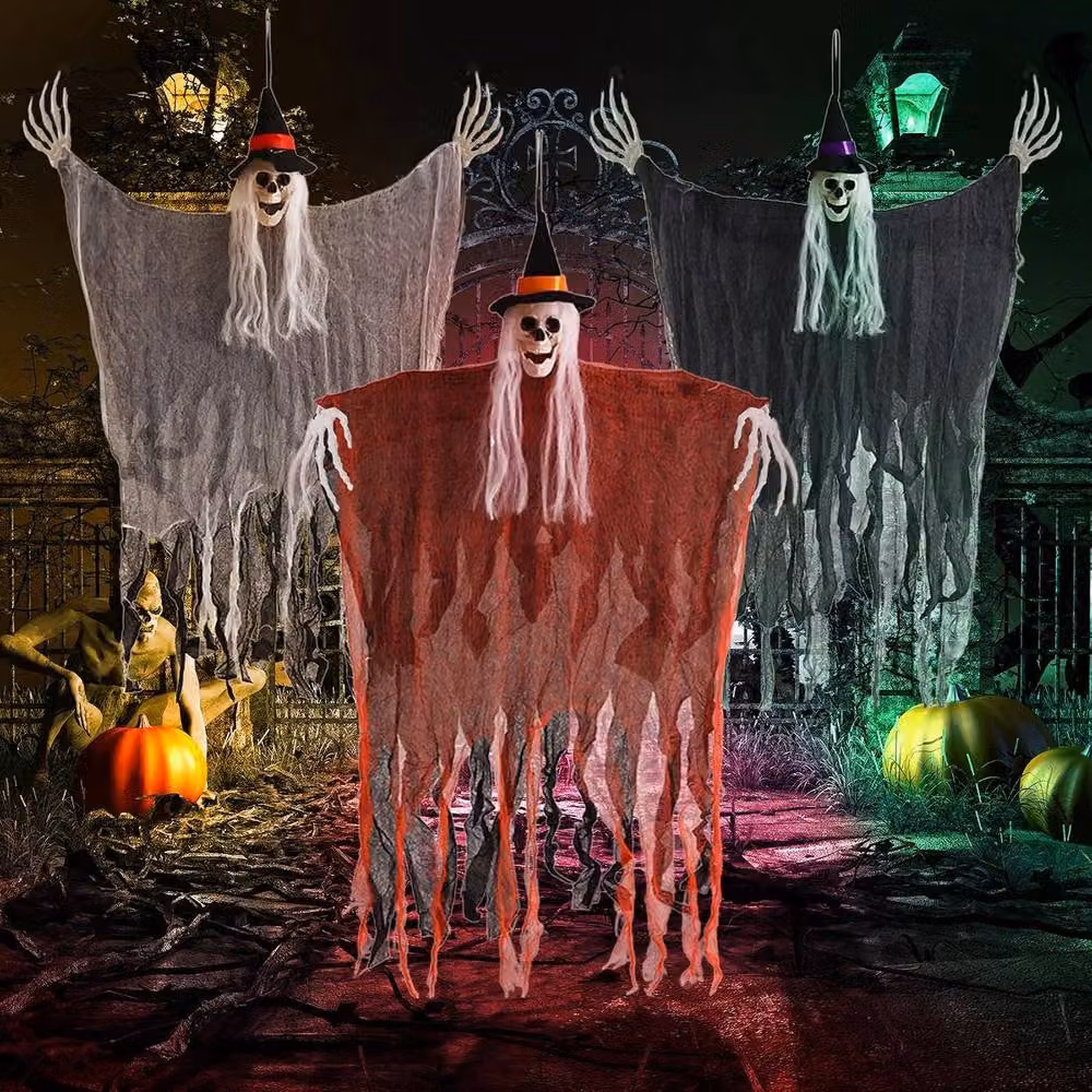 Garwarm 3 Pack Hanging Halloween Skeleton and Ghost Decorations in White and Multicolour – 2