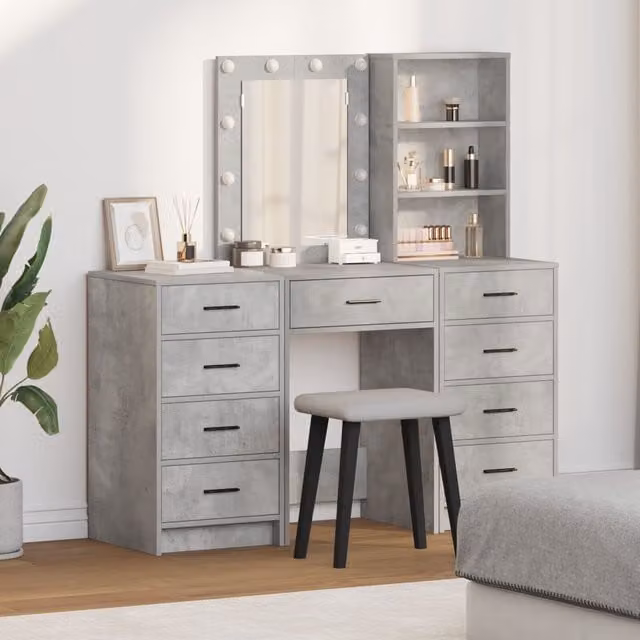 Berkfield Home 3-Piece Hollywood LED Dressing Table Set in Concrete Grey Matt MDF