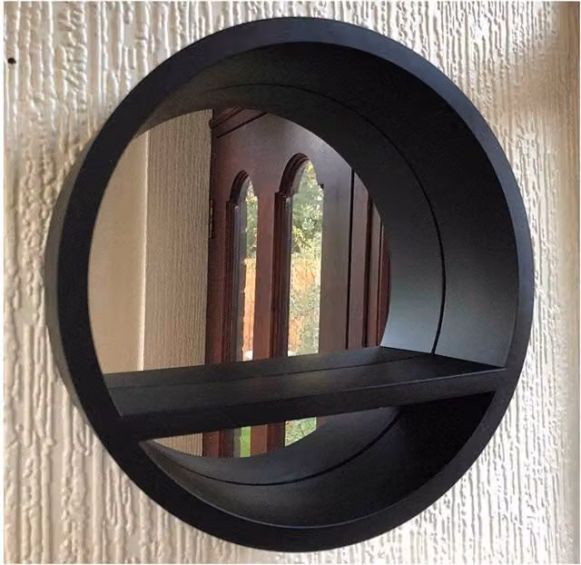 DEENZ Black Round Geometric Glass Wall Shelf with Mirror